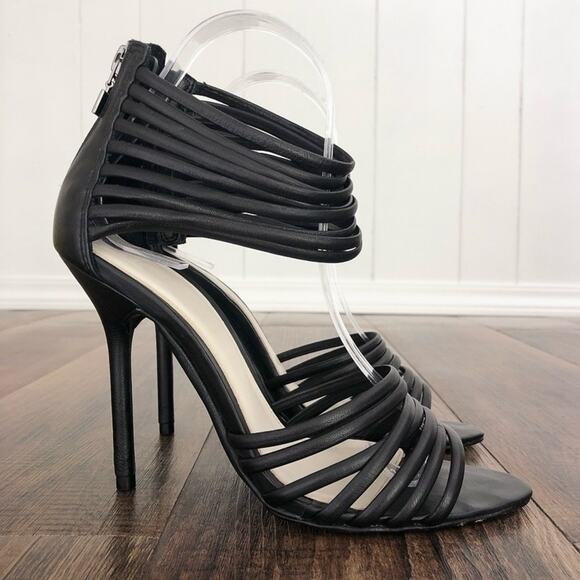 Herve Leger Olesia Strappy Leather Stiletto Heel Zip Up Back Size EU 37.5 Black - Picture 1 of 15